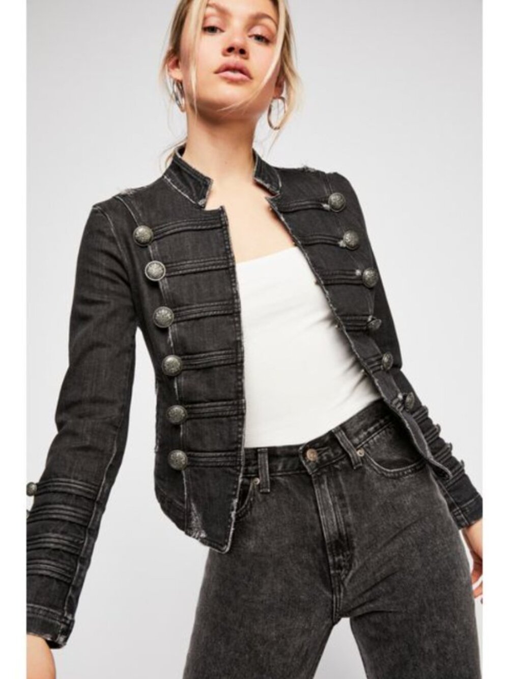Distressed Free People Military Jean Jacket in Black or Dark Gray